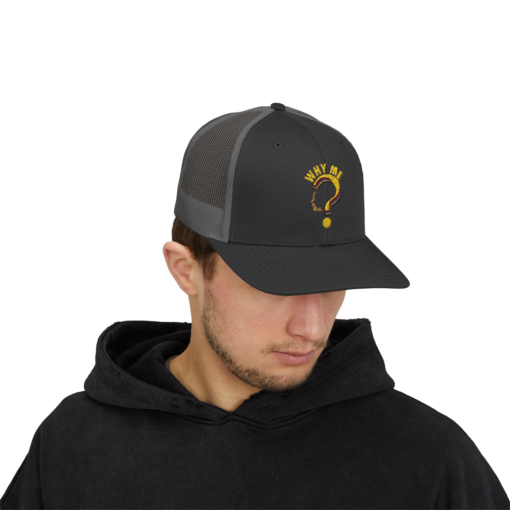 Trucker Cap - Gold Glitter Question Mark "Why Me" Embroidered Snapback