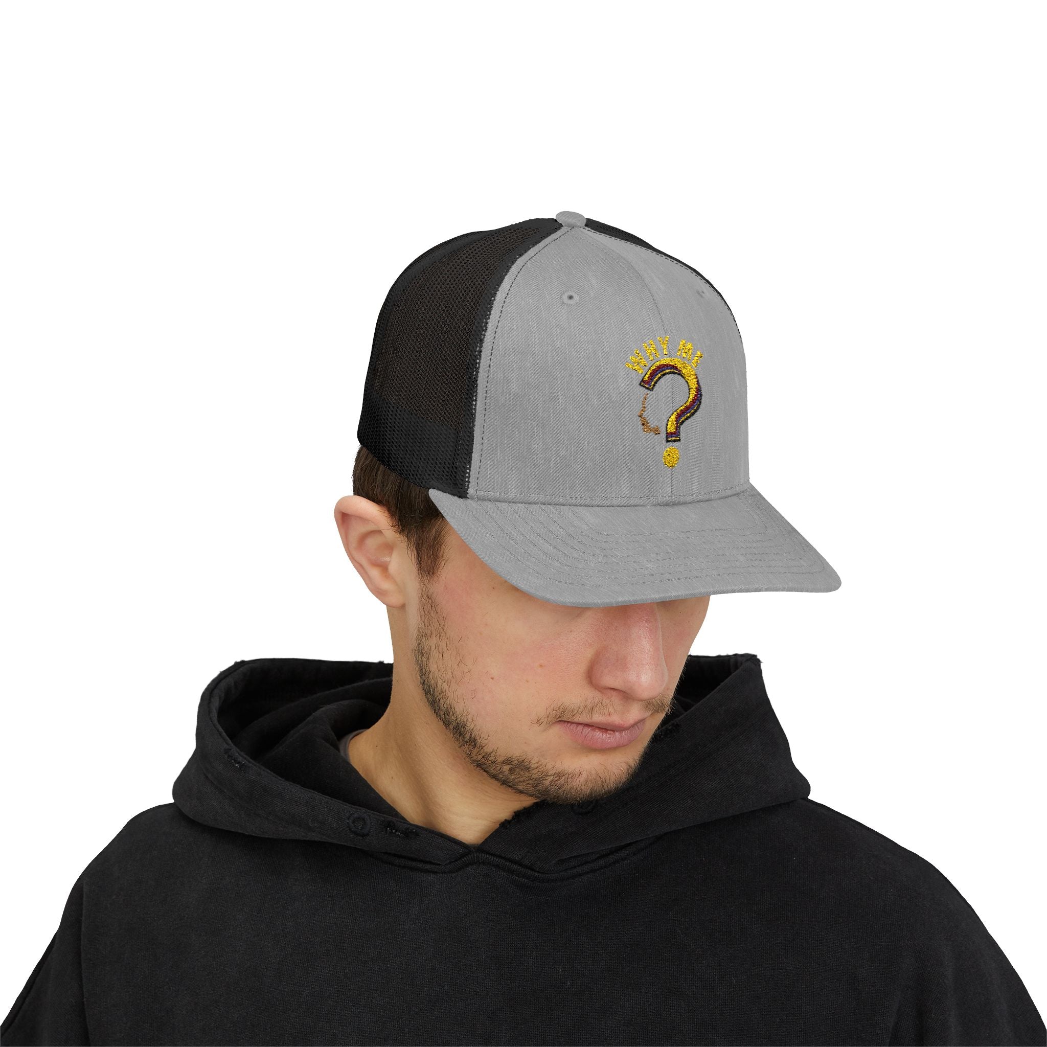 Trucker Cap - Gold Glitter Question Mark "Why Me" Embroidered Snapback